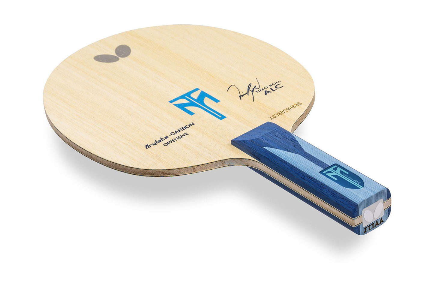 BUTTERFLY Timo Boll ALC Tischtennisschläger mit geradem Griff, liegend vor weißem Hintergrund