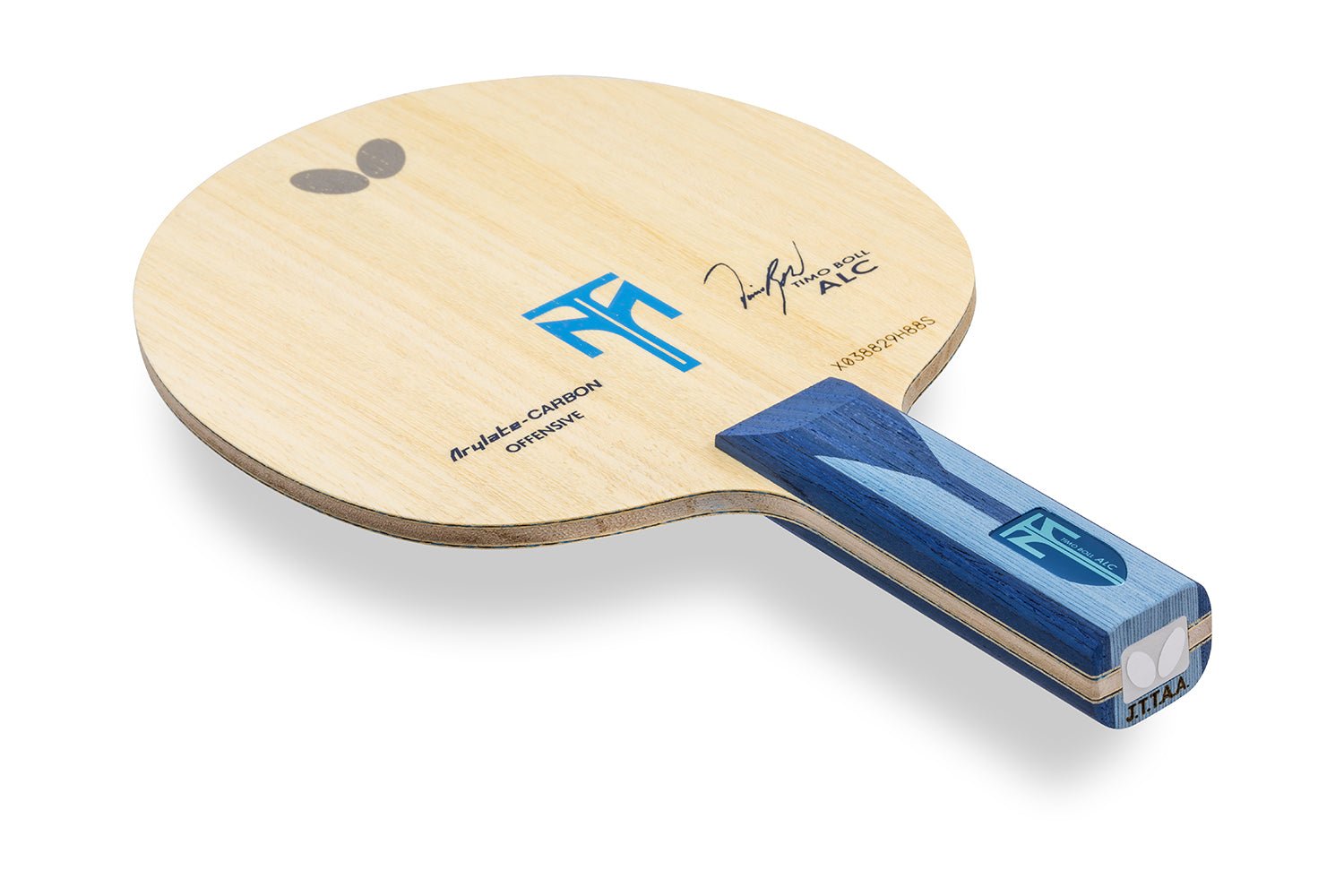 BUTTERFLY Timo Boll ALC Tischtennisschläger mit geradem Griff, liegend vor weißem Hintergrund
