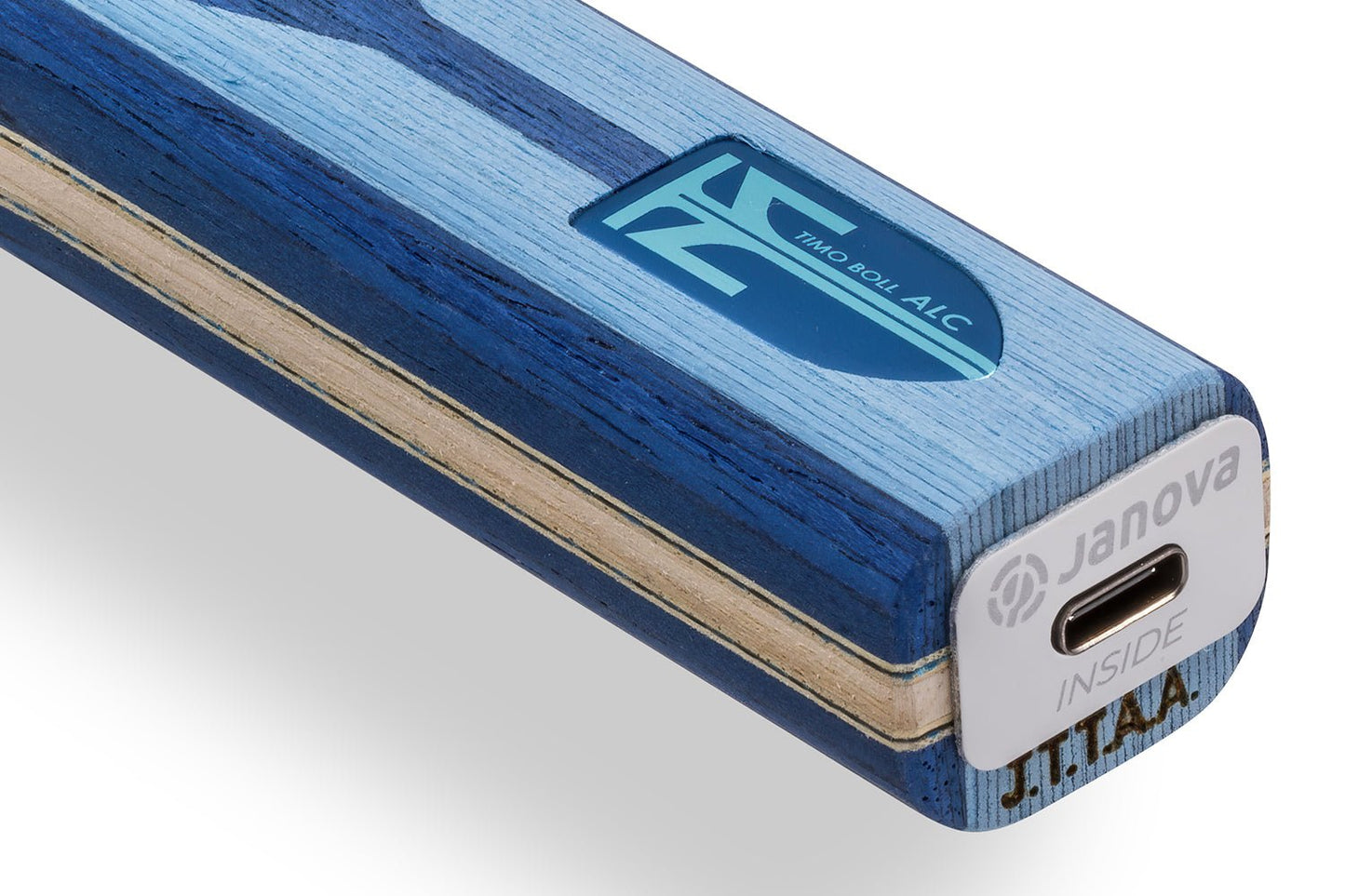BUTTERFLY Timo Boll ALC Tischtennisschläger, Detailansicht gerades Griffende mit Janova Sensor und USB-C