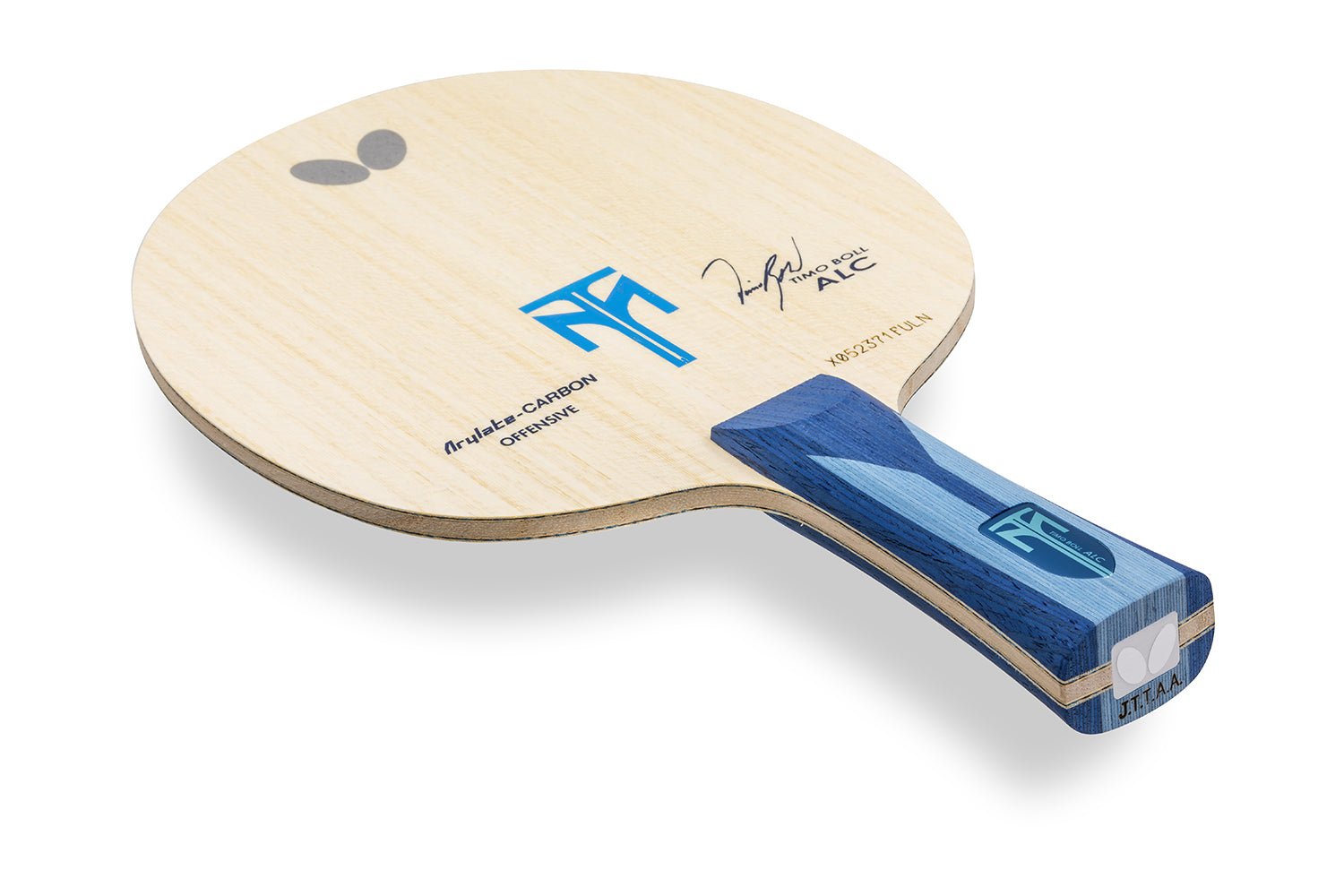 BUTTERFLY Timo Boll ALC Tischtennisschläger mit konkaven Griff, liegend vor weißem Hintergrund