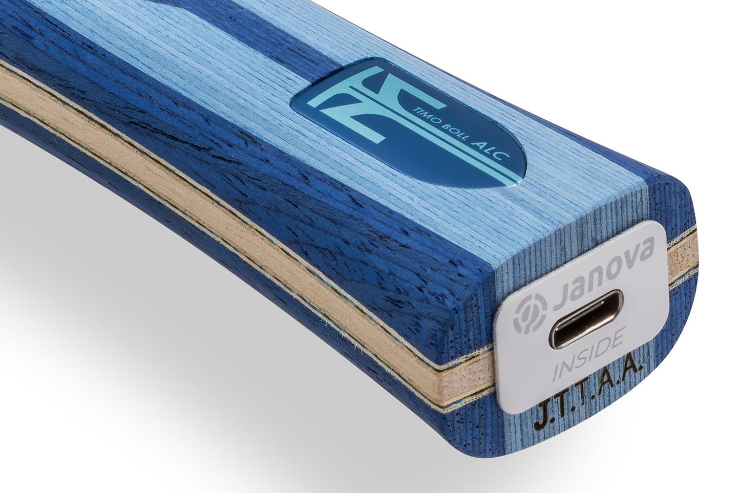BUTTERFLY Timo Boll ALC Tischtennisschläger, Detailansicht konkaves Griffende mit Janova Sensor und USB-C