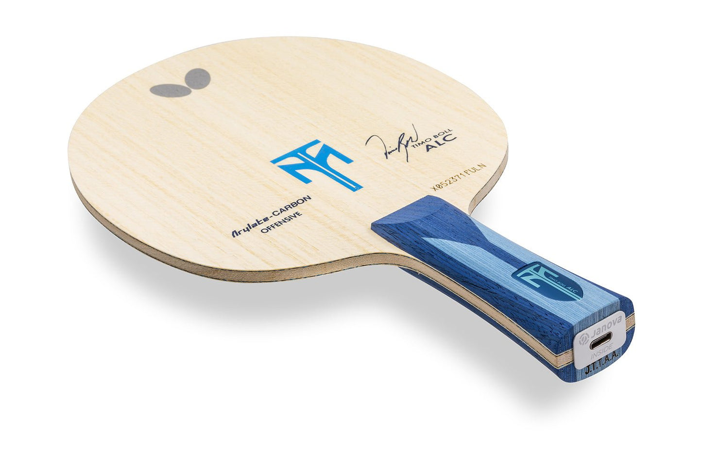 BUTTERFLY Timo Boll ALC Tischtennisschläger, konkaver Griff mit Janova Sensor und USB-CAnschluss, vor weißem Hintergrund positioniert