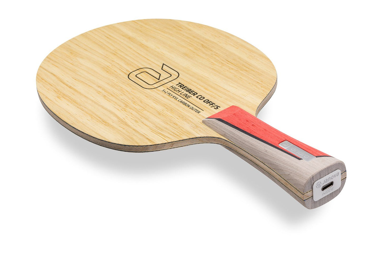 andro Treiber CO OFF/S Tischtennisschläger, konkaver Griff mit Janova Sensor und USB-CAnschluss, vor weißem Hintergrund positioniert