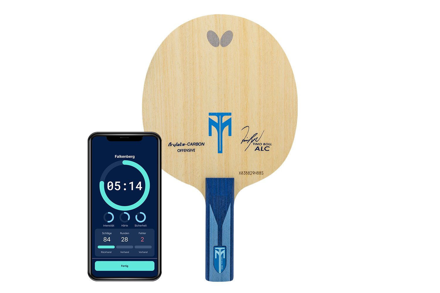 BUTTERFLY Timo Boll ALC Tischtennisschläger mit geradem Griff und Smartphone zeigt Daten des Schlägers vor weißem Hintergrund