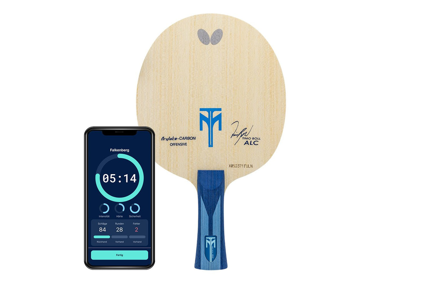 BUTTERFLY Timo Boll ALC Tischtennisschläger mit konkaven Griff und Smartphone zeigt Daten des Schlägers vor weißem Hintergrund