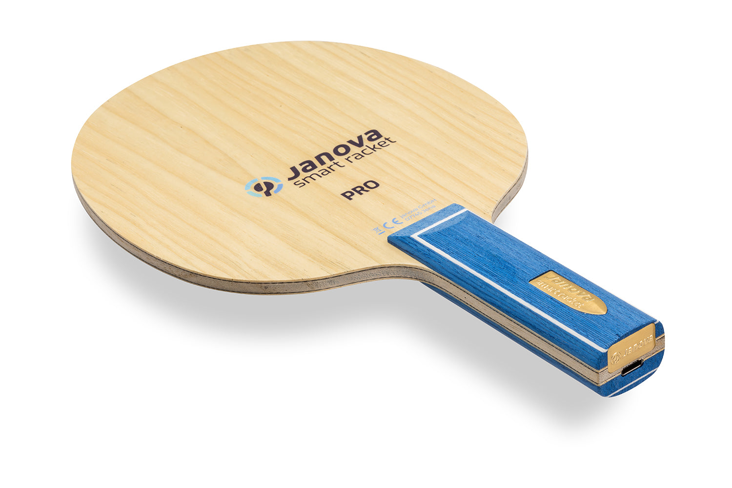 Smart Racket - PRO Tischtennisschläger, gerader Griff mit Janova Sensor und USB-CAnschluss, vor weißem Hintergrund positioniert