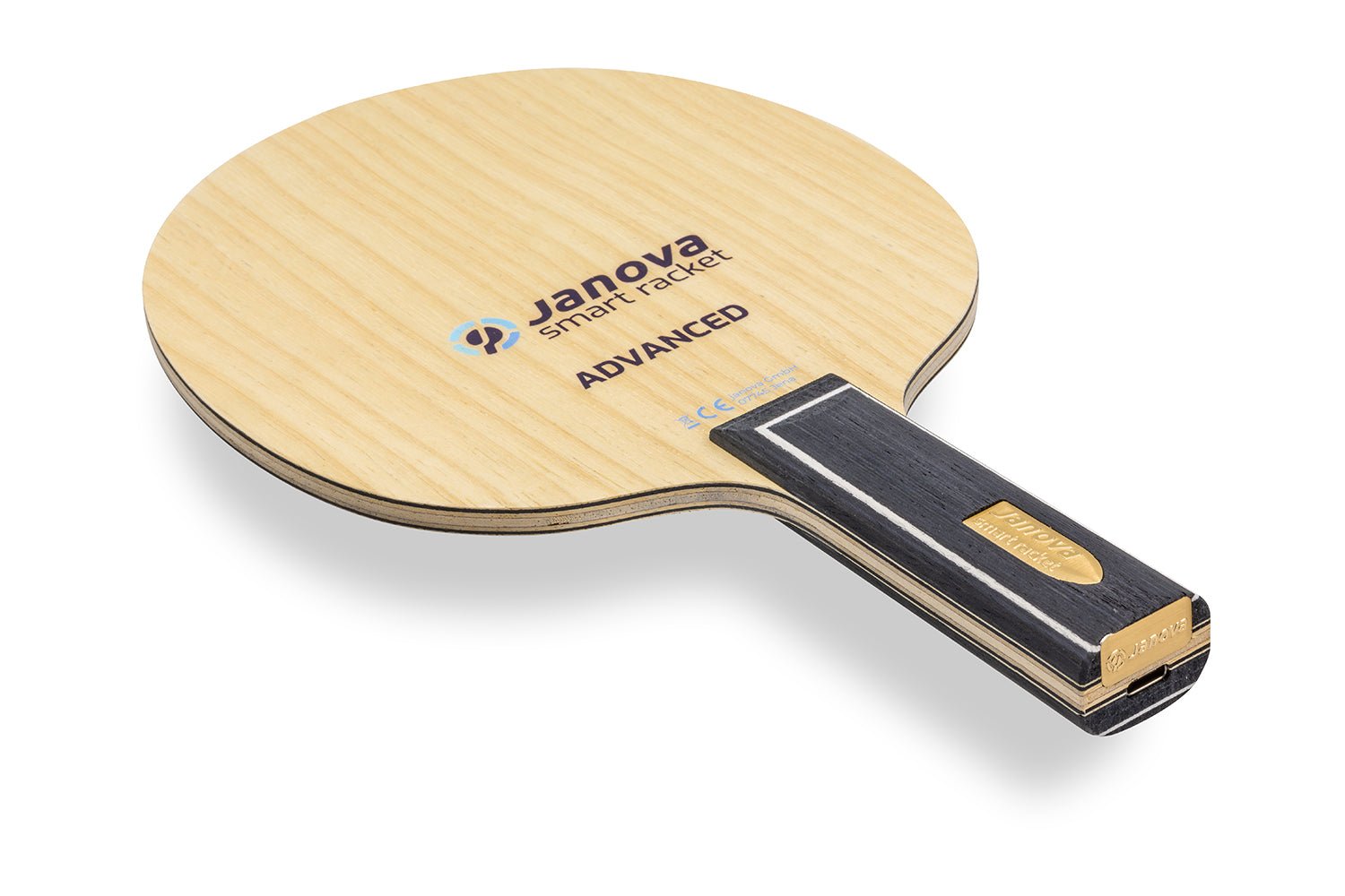 Smart Racket - ADVANCED Tischtennisschläger, gerader Griff mit Janova Sensor und USB-CAnschluss, vor weißem Hintergrund positioniert