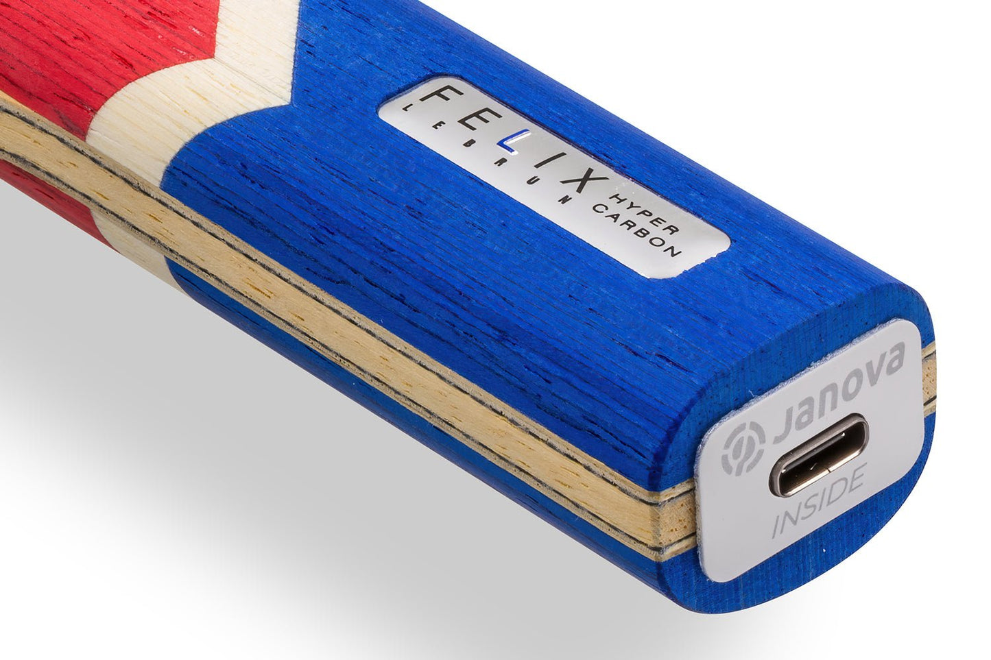Tibhar Félix Lebrun Hyper Carbon Tischtennisschläger, Detailansicht gerades Griffende mit Janova Sensor und USB-C