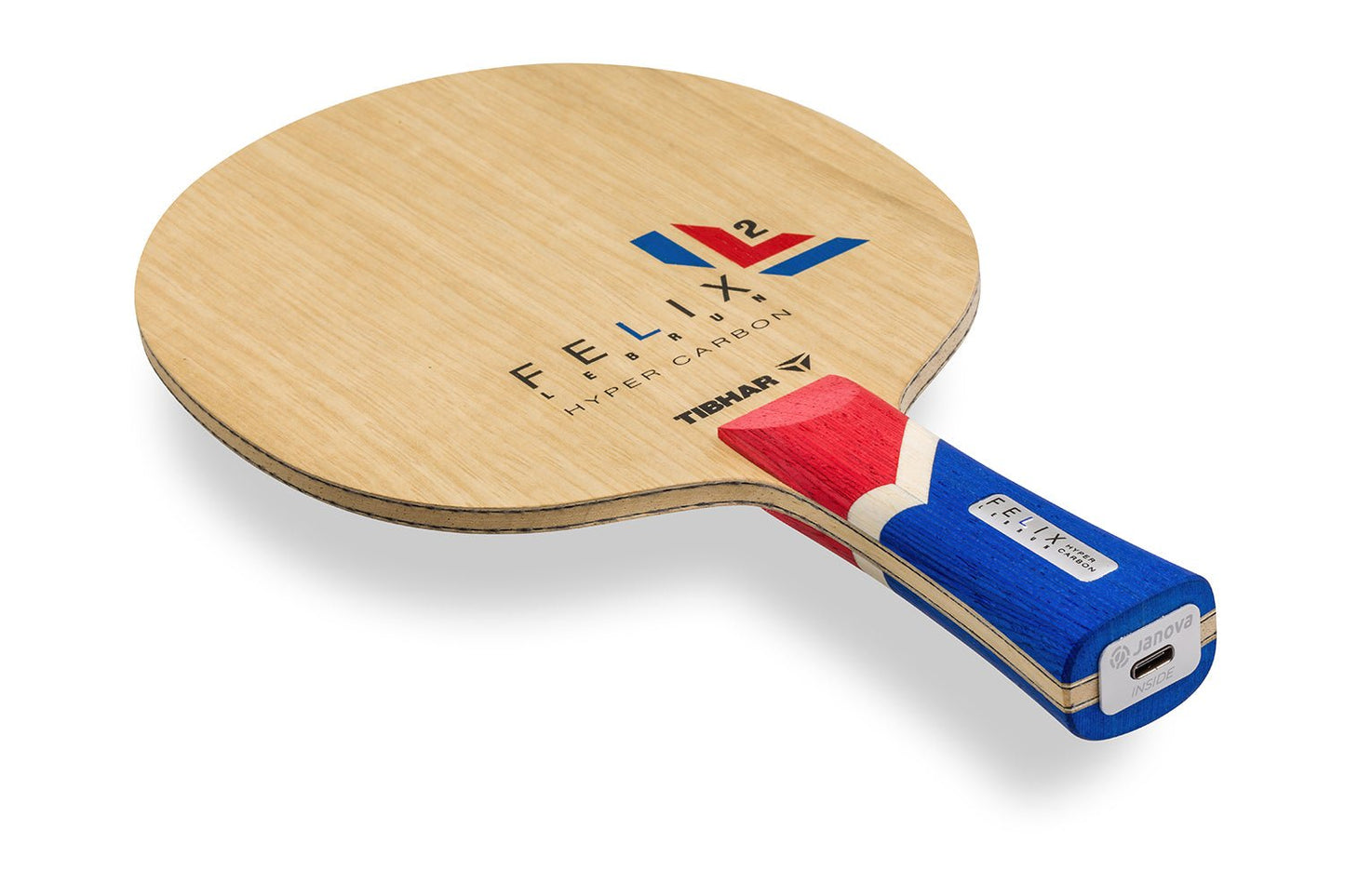 Tibhar Félix Lebrun Hyper Carbon Tischtennisschläger, konkaver Griff mit Janova Sensor und USB-C-Anschluss, vor weißem Hintergrund positioniert