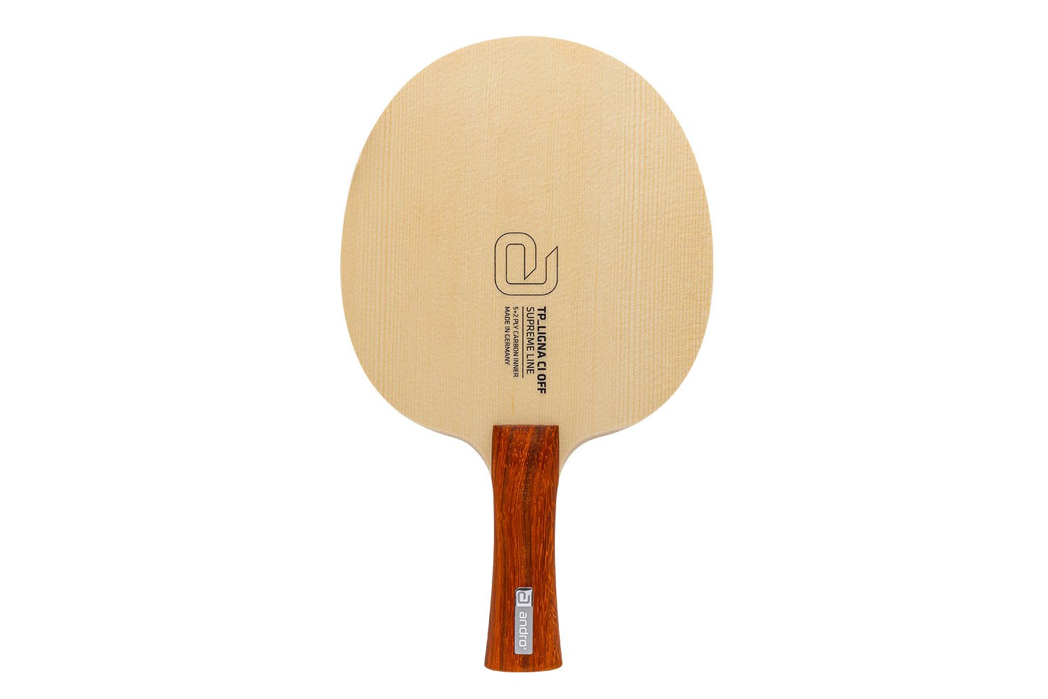 andro TP Ligna CI Tischtennisschläger mit konkavem Griff, vor weißem Hintergrund