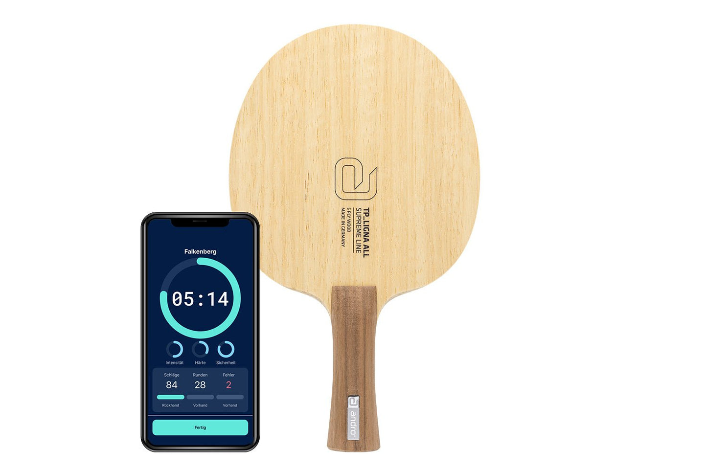 andro TP Ligna ALL Tischtennisschläger mit konkaven Griff und Smartphone zeigt Daten des Schlägers vor weißem Hintergrund