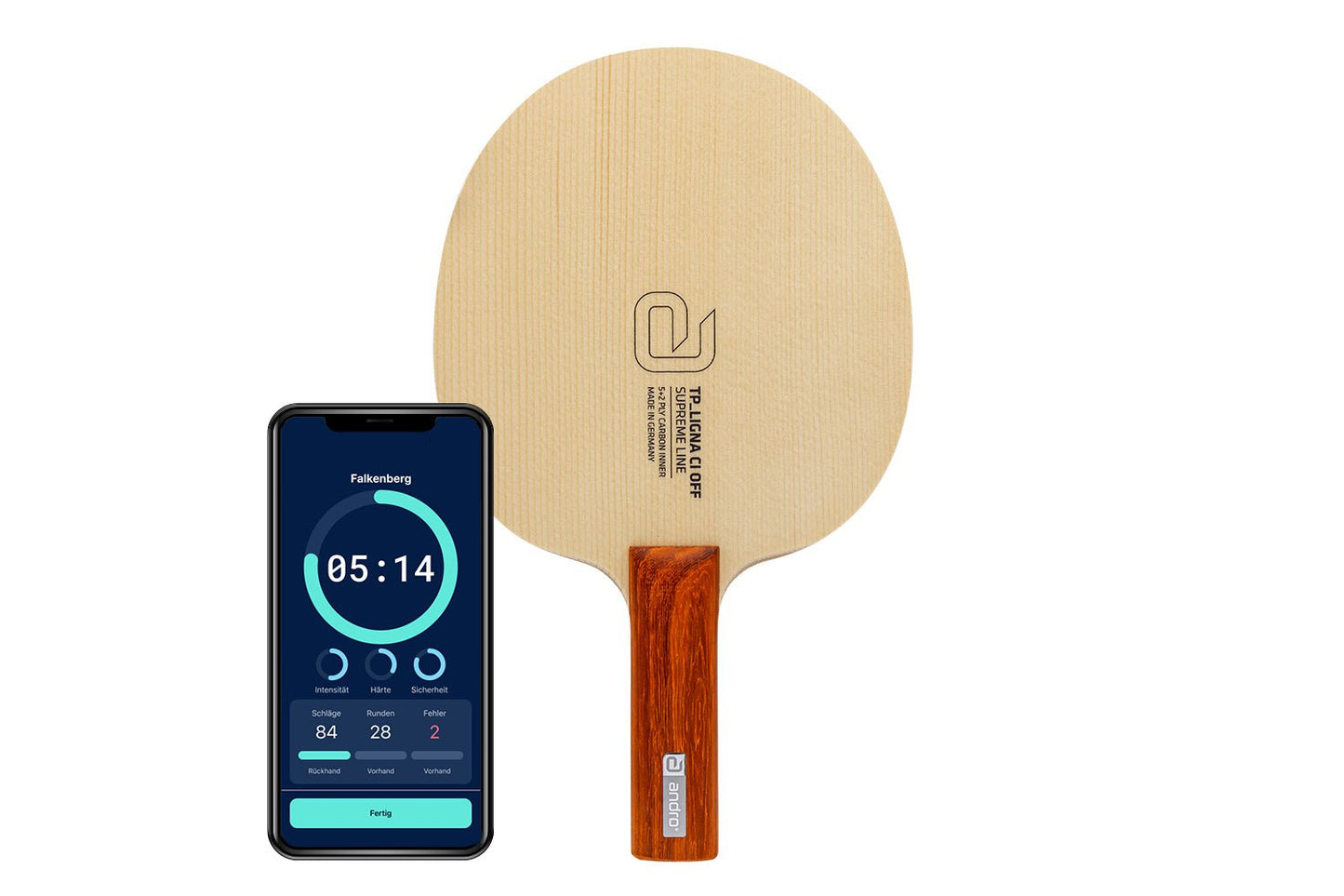 andro TP Ligna CI Tischtennisschläger mit geradem Griff und Smartphone zeigt Daten des Schlägers vor weißem Hintergrund