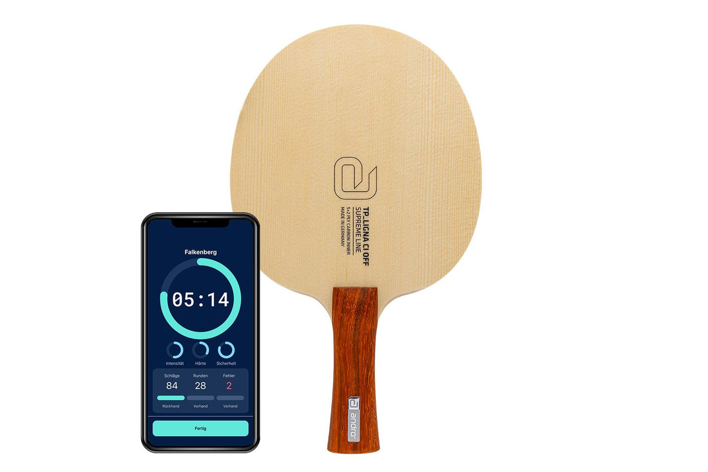 andro TP Ligna CI Tischtennisschläger mit konkaven Griff und Smartphone zeigt Daten des Schlägers vor weißem Hintergrund