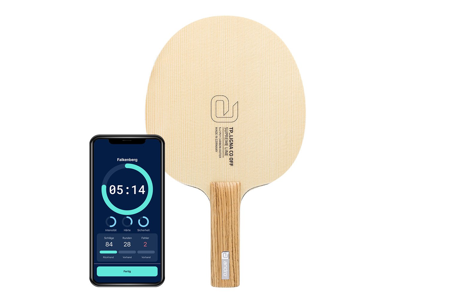 andro TP Ligna CO Tischtennisschläger mit geradem Griff und Smartphone zeigt Daten des Schlägers vor weißem Hintergrund