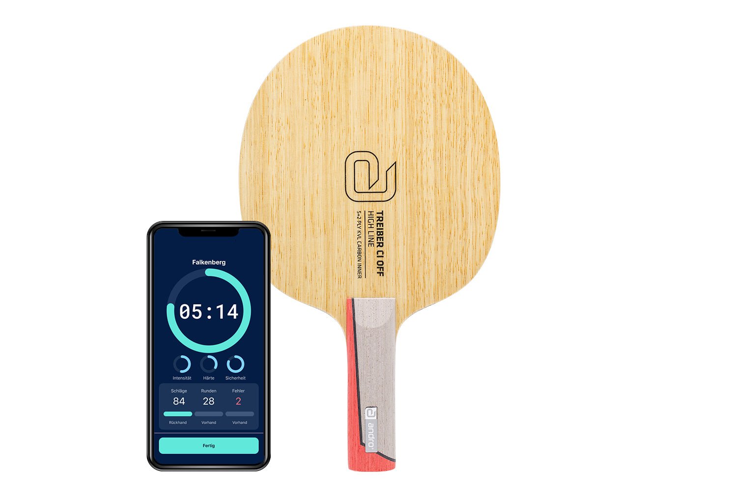 andro Treiber CI OFF Tischtennisschläger mit geradem Griff und Smartphone zeigt Daten des Schlägers vor weißem Hintergrund