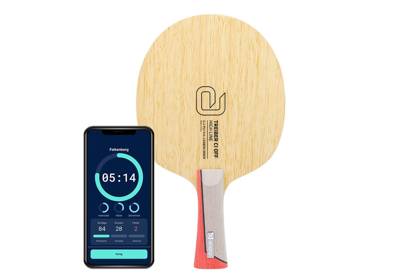 andro Treiber CI OFF Tischtennisschläger mit konkaven Griff und Smartphone zeigt Daten des Schlägers vor weißem Hintergrund