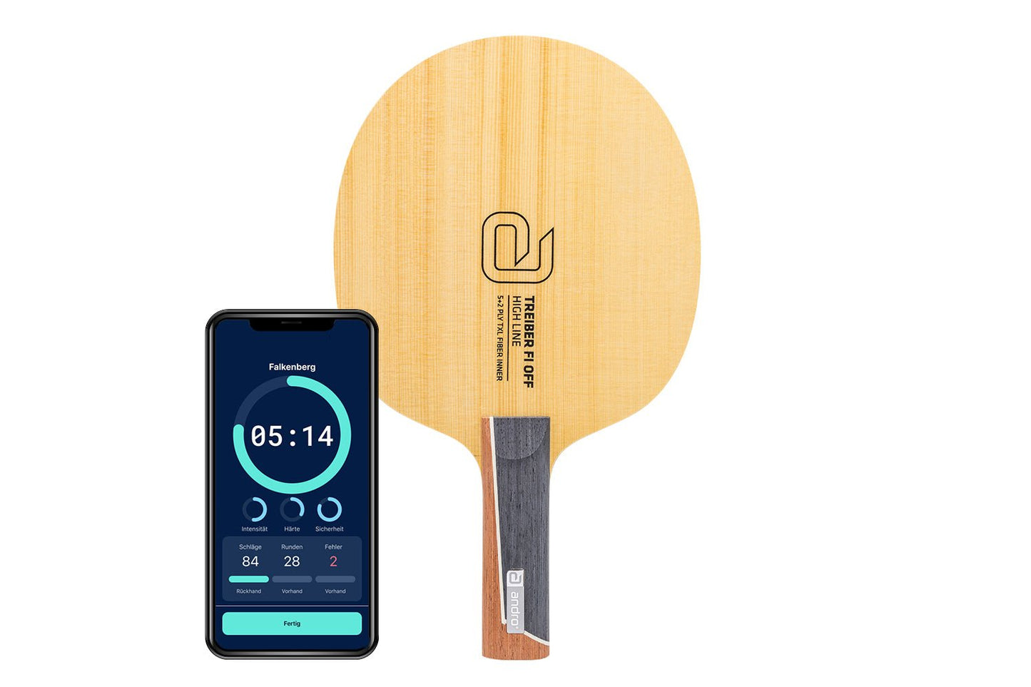 andro Treiber FI OFF Tischtennisschläger mit geradem Griff und Smartphone zeigt Daten des Schlägers vor weißem Hintergrund