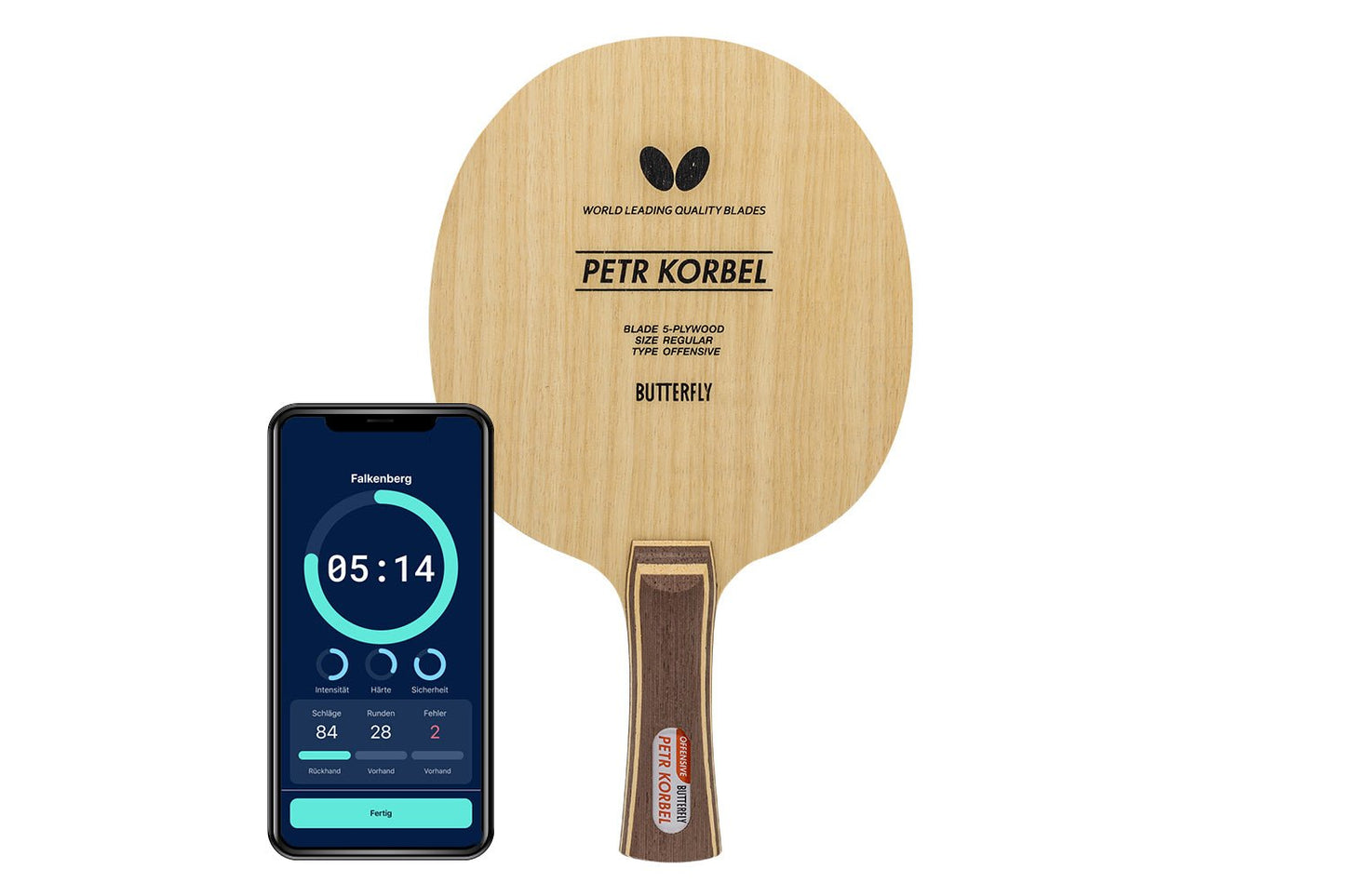 Butterfly Petr Korbel Tischtennisschläger mit konkaven Griff und Smartphone zeigt Daten des Schlägers vor weißem Hintergrund
