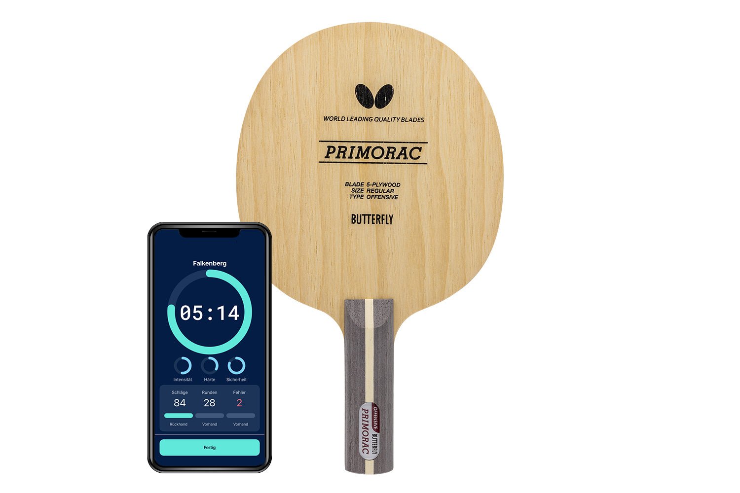 Butterfly Primorac Tischtennisschläger mit geradem Griff und Smartphone zeigt Daten des Schlägers vor weißem Hintergrund