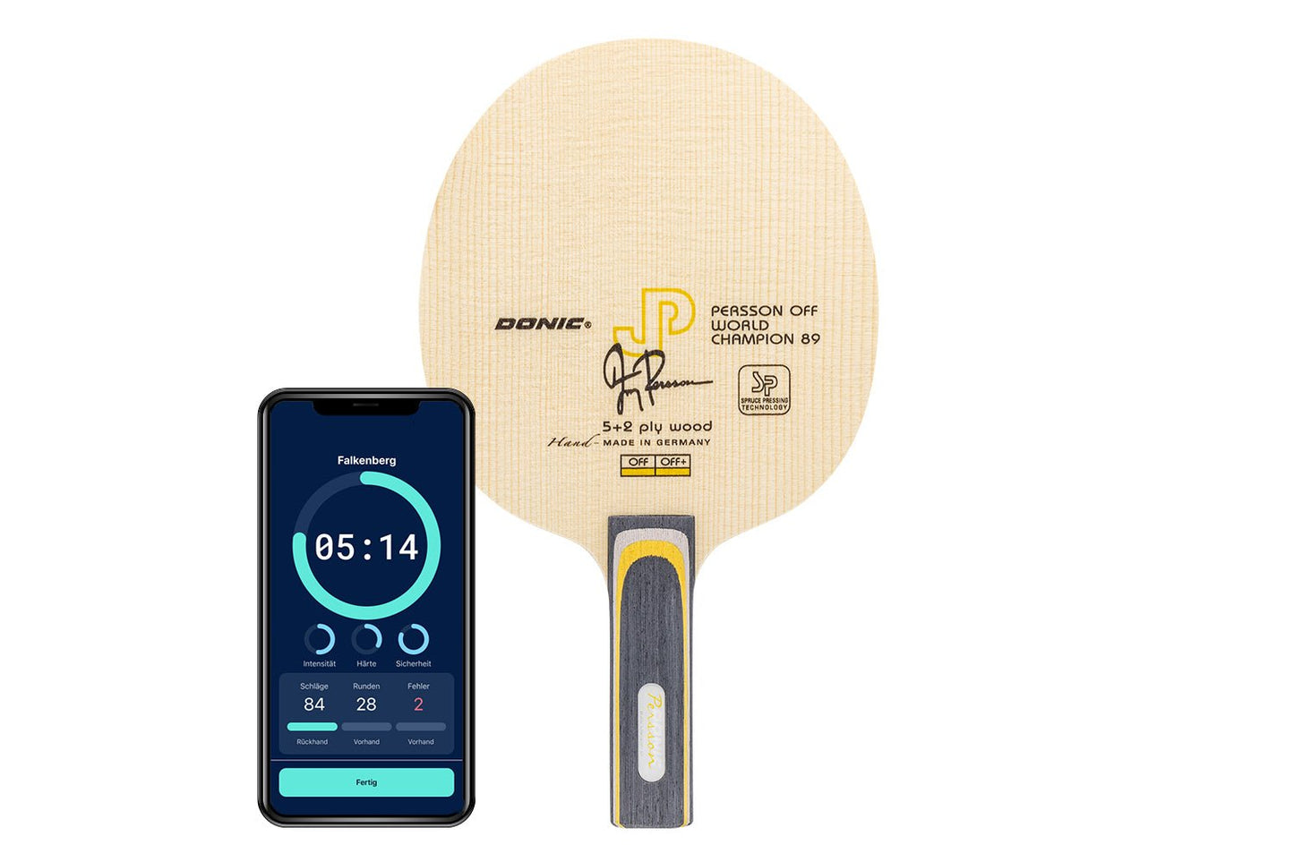 Donic Persson Off+ Weltmeister 89 Tischtennisschläger mit geradem Griff und Smartphone zeigt Daten des Schlägers vor weißem Hintergrund