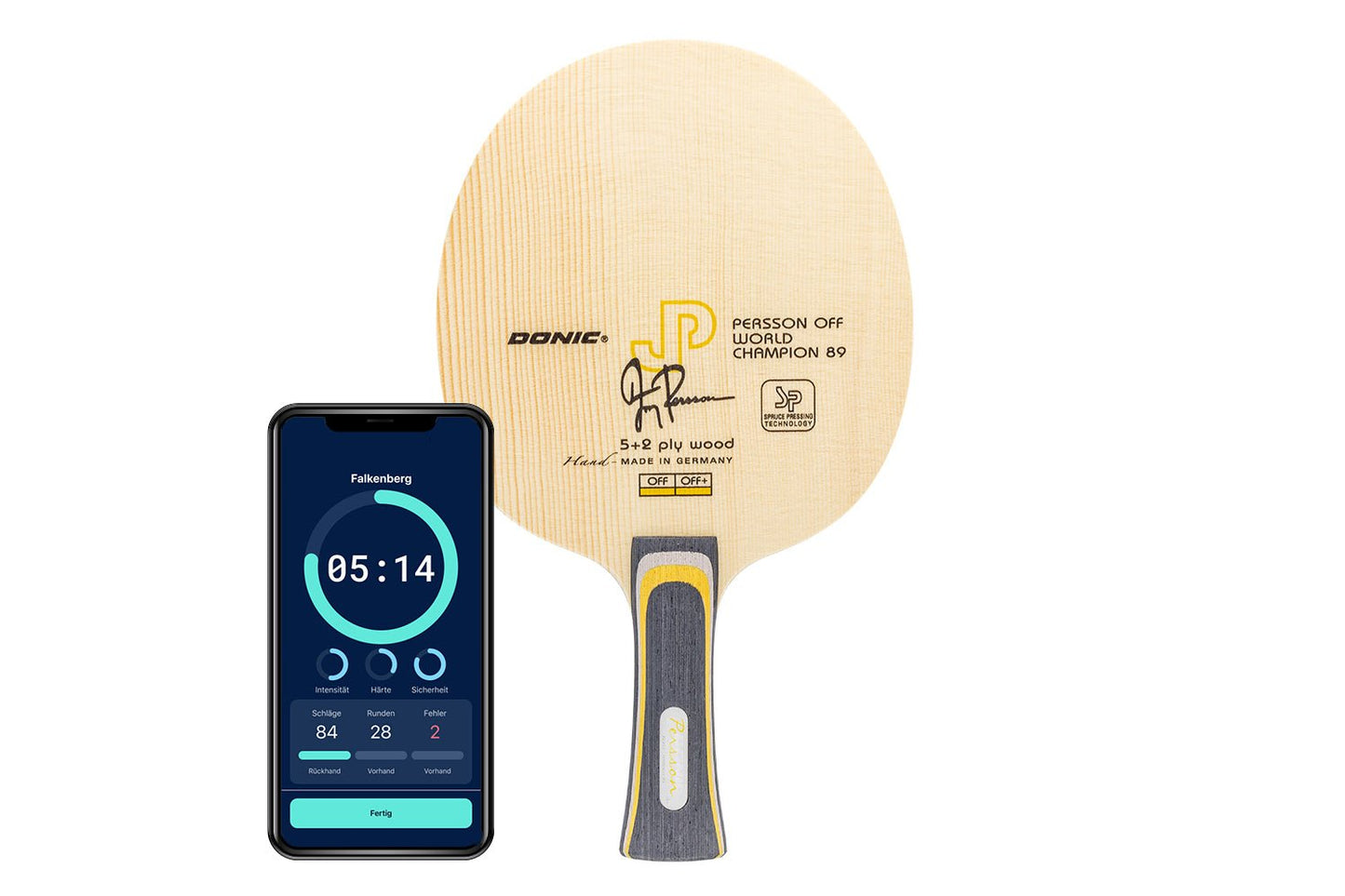 Donic Persson Off+ Weltmeister 89 Tischtennisschläger mit konkaven Griff und Smartphone zeigt Daten des Schlägers vor weißem Hintergrund