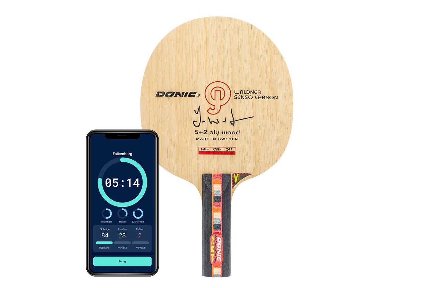 DONIC Waldner Senso Carbon Tischtennisschläger mit geradem Griff und Smartphone zeigt Daten des Schlägers vor weißem Hintergrund
