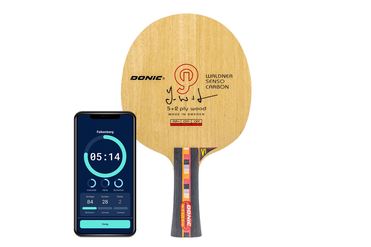 DONIC Waldner Senso Carbon Tischtennisschläger mit konkaven Griff und Smartphone zeigt Daten des Schlägers vor weißem Hintergrund
