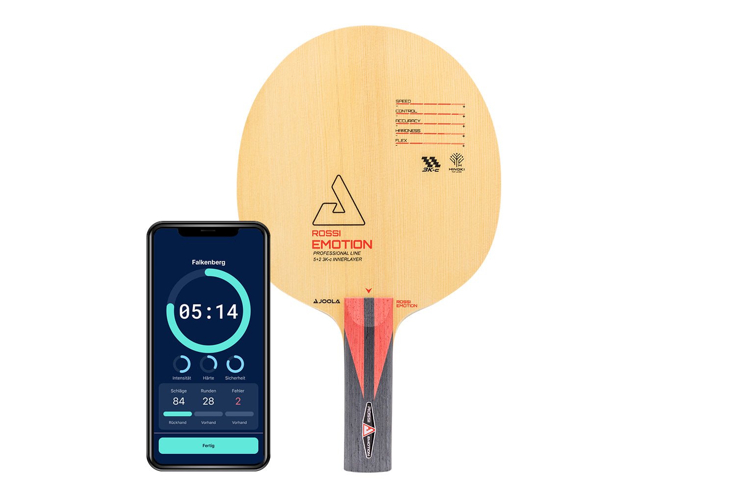 Joola Rossi Tischtennisschläger mit geradem Griff und Smartphone zeigt Daten des Schlägers vor weißem Hintergrund