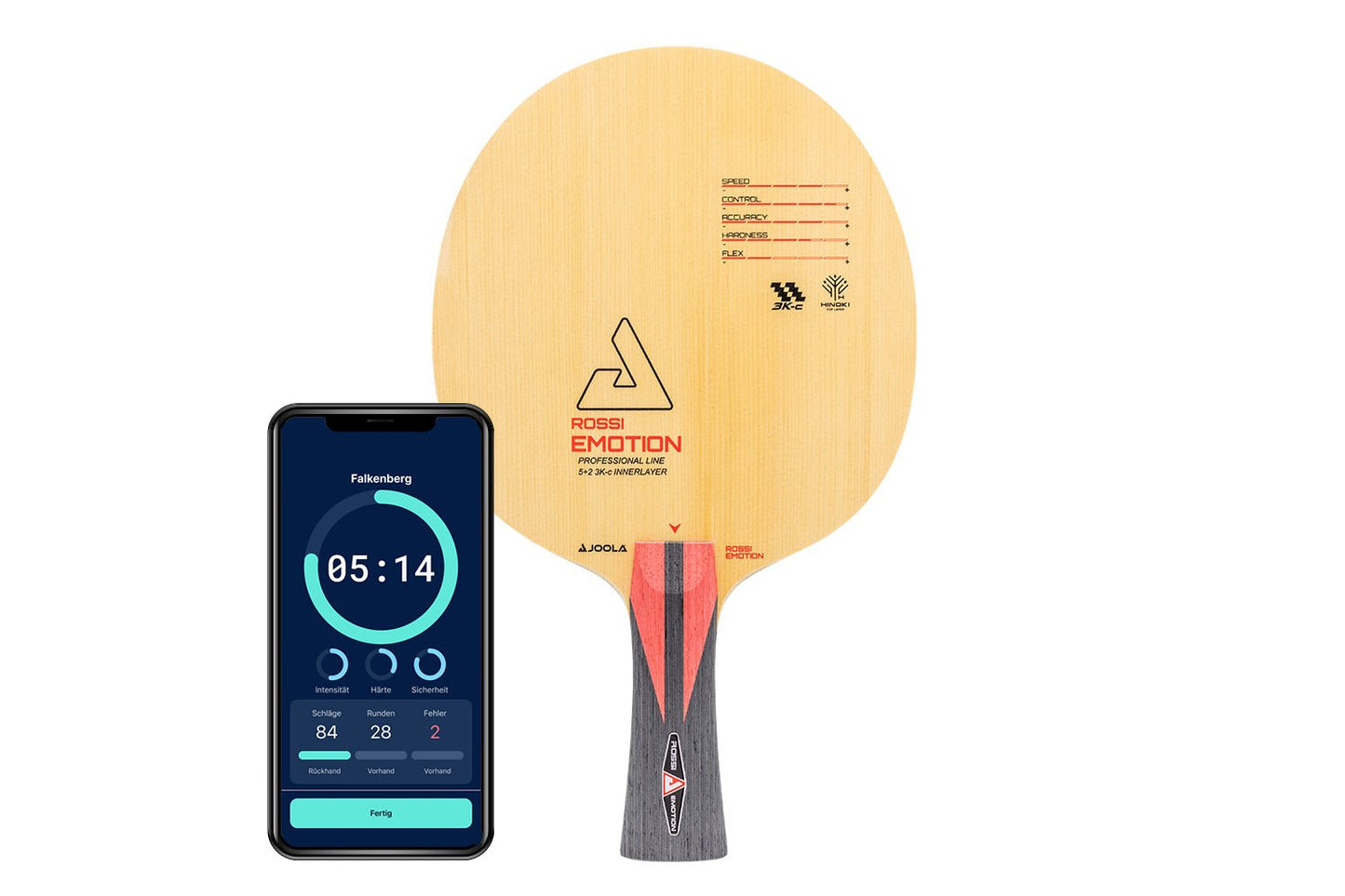 Joola Rossi Tischtennisschläger mit konkaven Griff und Smartphone zeigt Daten des Schlägers vor weißem Hintergrund