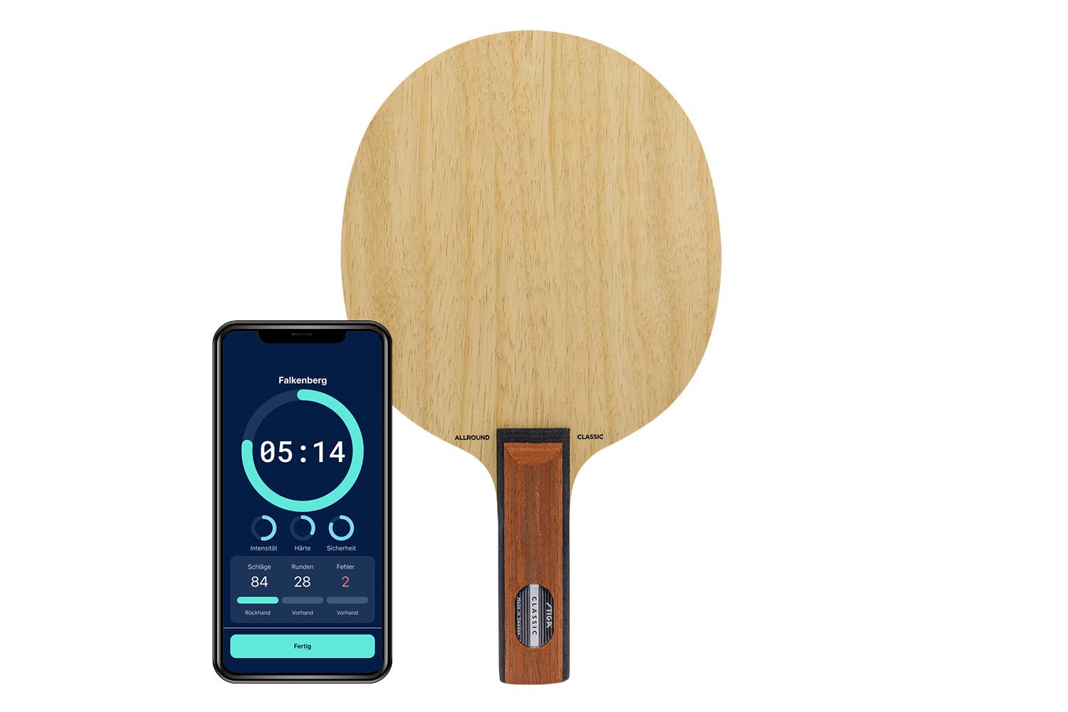 Stiga Allround Classic Tischtennisschläger mit geradem Griff und Smartphone zeigt Daten des Schlägers vor weißem Hintergrund