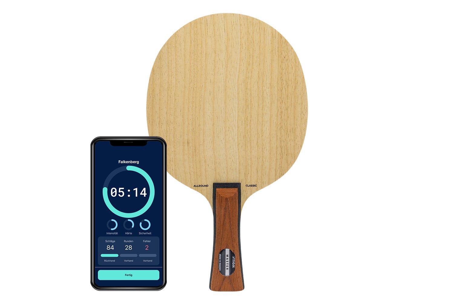 Stiga Allround Classic Tischtennisschläger mit konkaven Griff und Smartphone zeigt Daten des Schlägers vor weißem Hintergrund