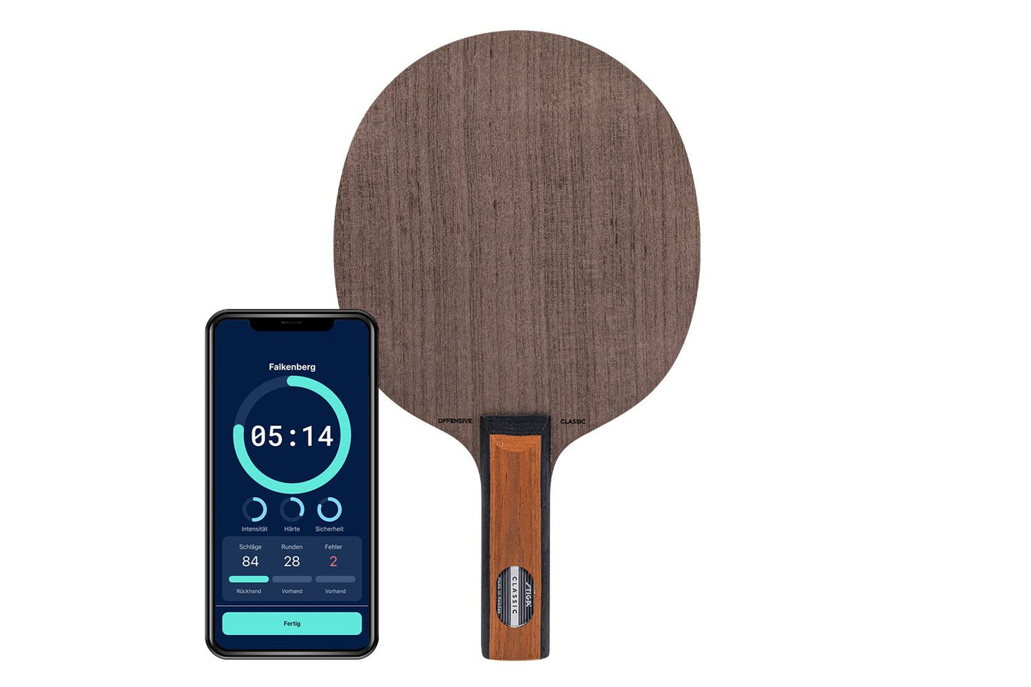 Stiga Offensive Classic Tischtennisschläger mit geradem Griff und Smartphone zeigt Daten des Schlägers vor weißem Hintergrund