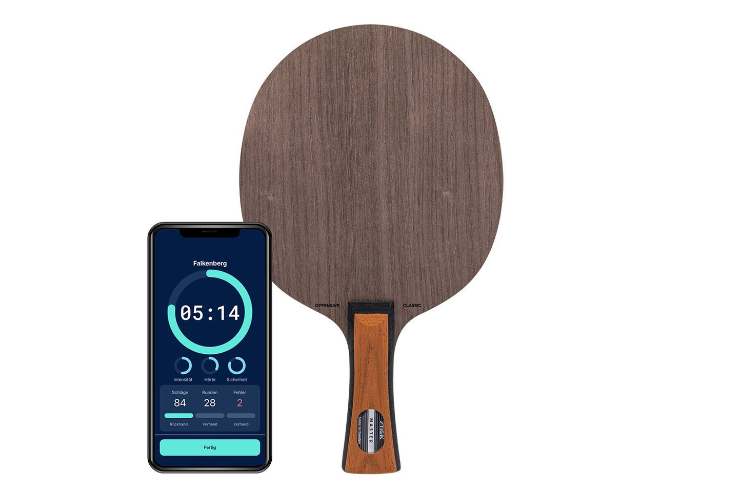 Stiga Offensive Classic Tischtennisschläger mit konkaven Griff und Smartphone zeigt Daten des Schlägers vor weißem Hintergrund