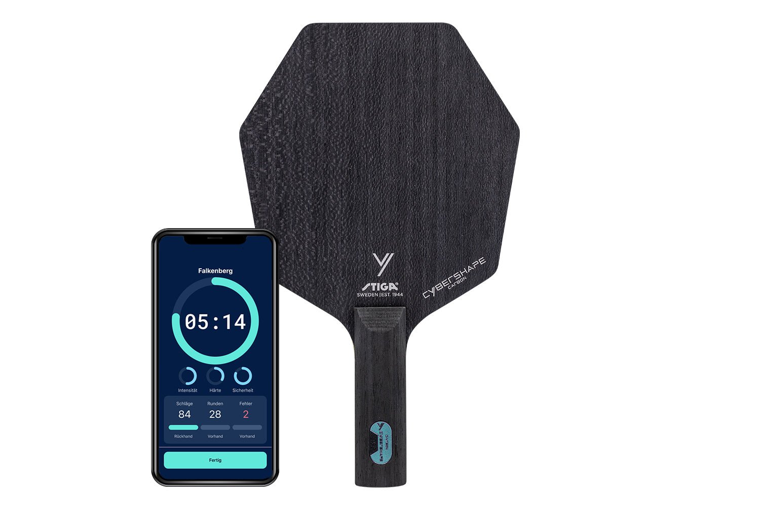 Stiga Cybershape Carbon Tischtennisschläger mit geradem Griff und Smartphone zeigt Daten des Schlägers vor weißem Hintergrund