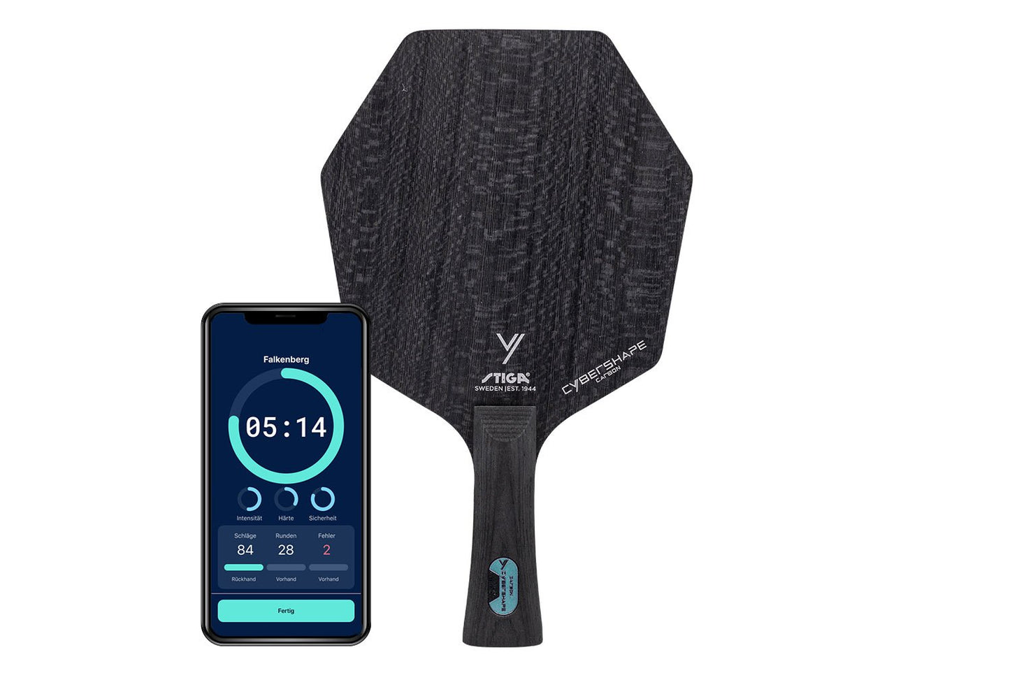 Stiga Cybershape Carbon Tischtennisschläger mit konkaven Griff und Smartphone zeigt Daten des Schlägers vor weißem Hintergrund