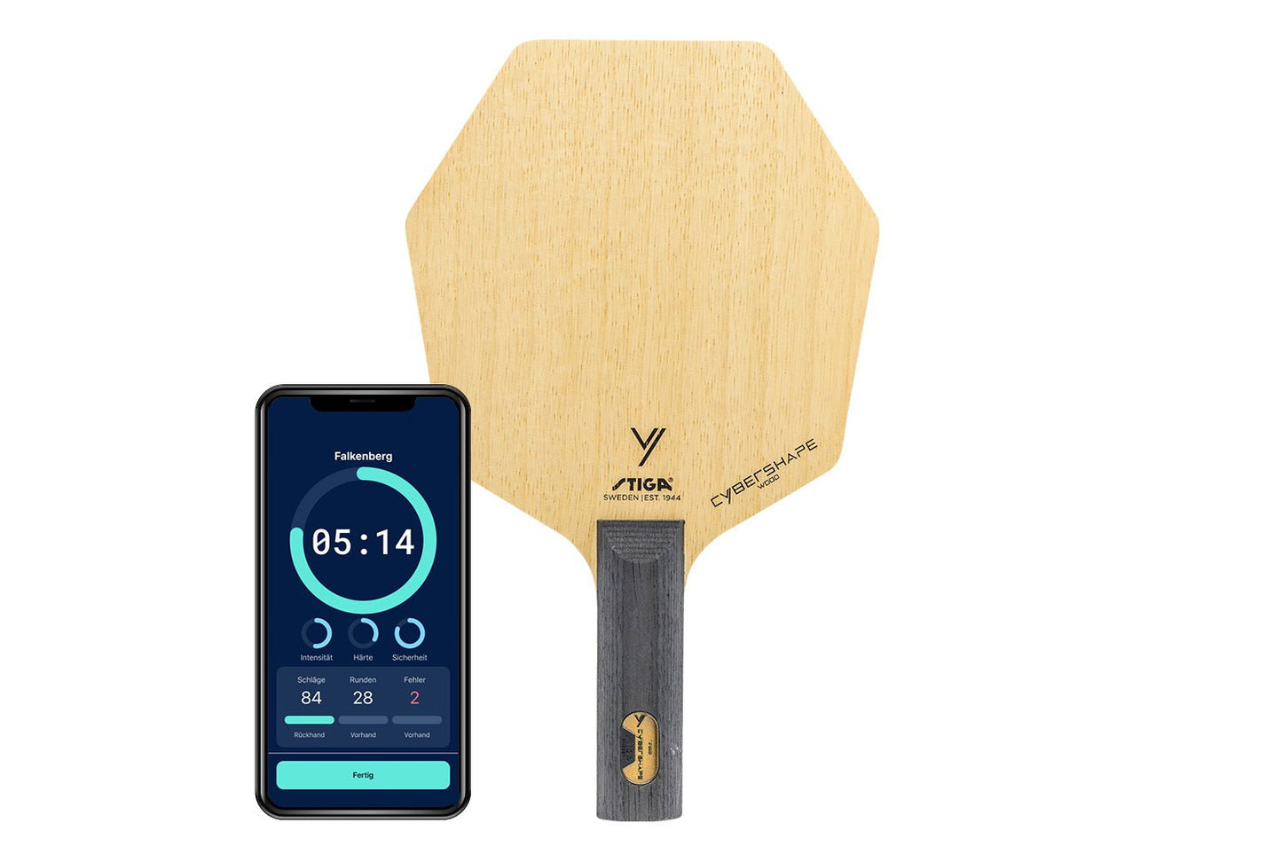 Stiga Cybershape Wood Tischtennisschläger mit geradem Griff und Smartphone zeigt Daten des Schlägers vor weißem Hintergrund