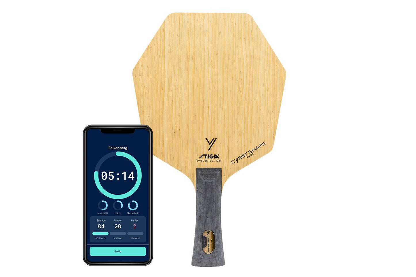 Stiga Cybershape Wood Tischtennisschläger mit konkaven Griff und Smartphone zeigt Daten des Schlägers vor weißem Hintergrund