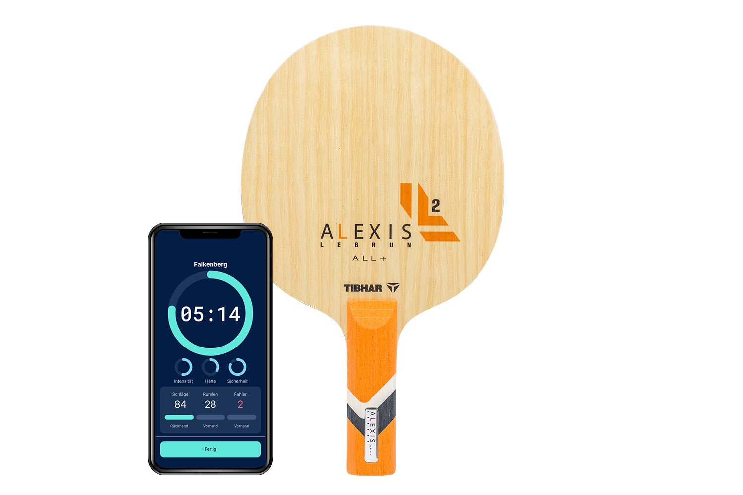 Tibhar Alexis Lebrun All+ Tischtennisschläger mit geradem Griff und Smartphone zeigt Daten des Schlägers vor weißem Hintergrund