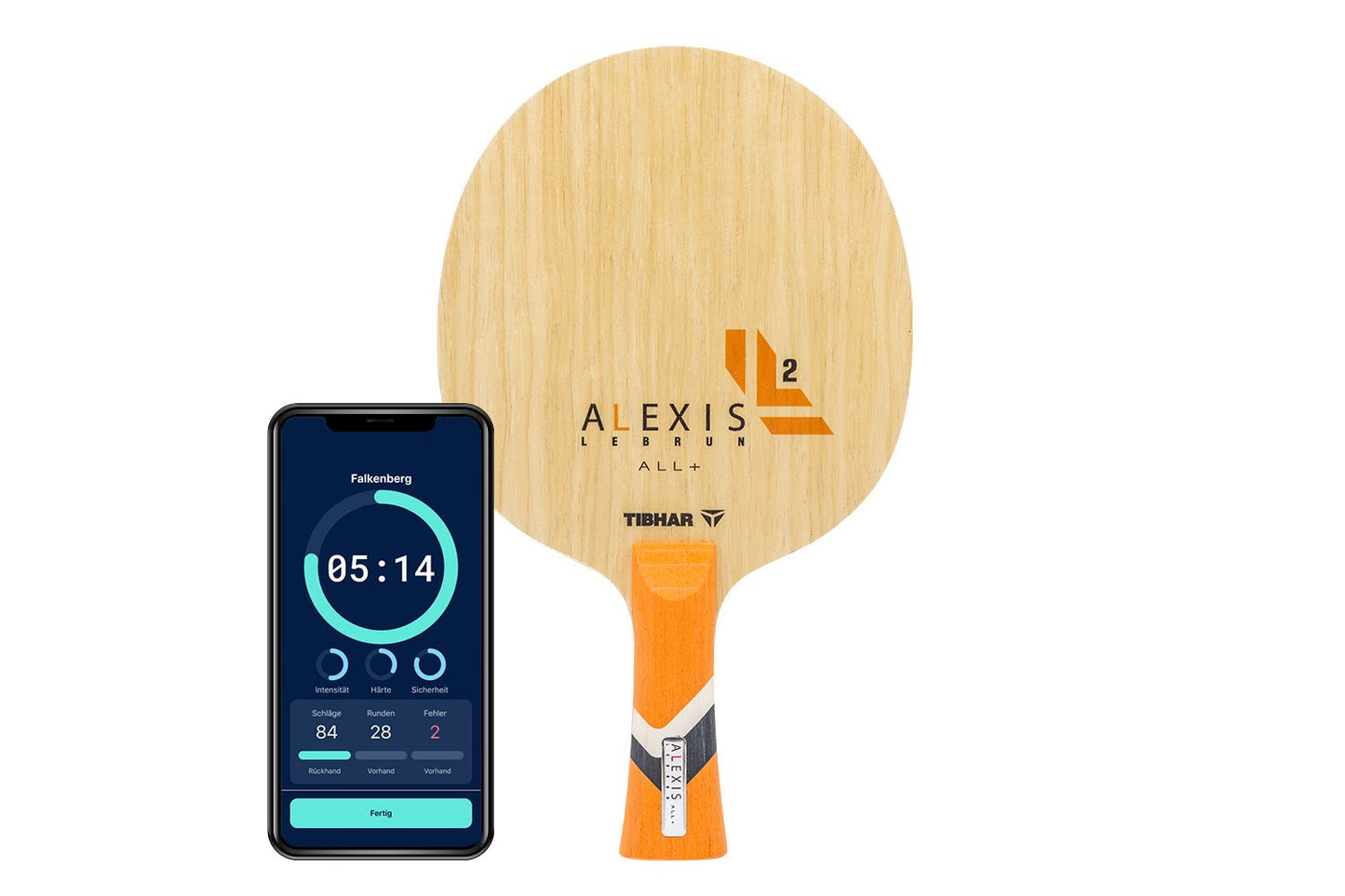 Tibhar Alexis Lebrun All+ Tischtennisschläger mit konkaven Griff und Smartphone zeigt Daten des Schlägers vor weißem Hintergrund