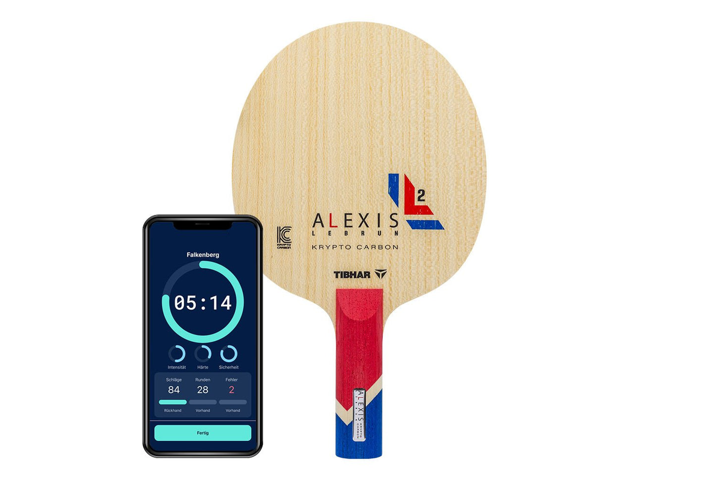Tibhar Alexis Lebrun Krypto Carbon Tischtennisschläger mit geradem Griff und Smartphone zeigt Daten des Schlägers vor weißem Hintergrund