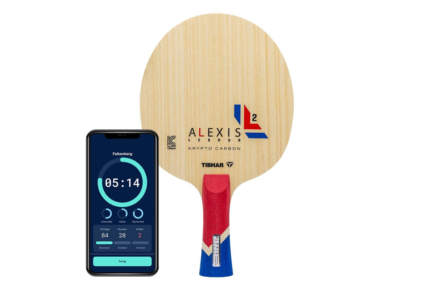 Tibhar Alexis Lebrun Krypto Carbon Tischtennisschläger mit konkaven Griff und Smartphone zeigt Daten des Schlägers vor weißem Hintergrund