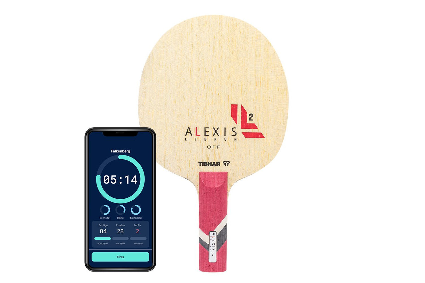 Tibhar Alexis Lebrun Off Tischtennisschläger mit geradem Griff und Smartphone zeigt Daten des Schlägers vor weißem Hintergrund