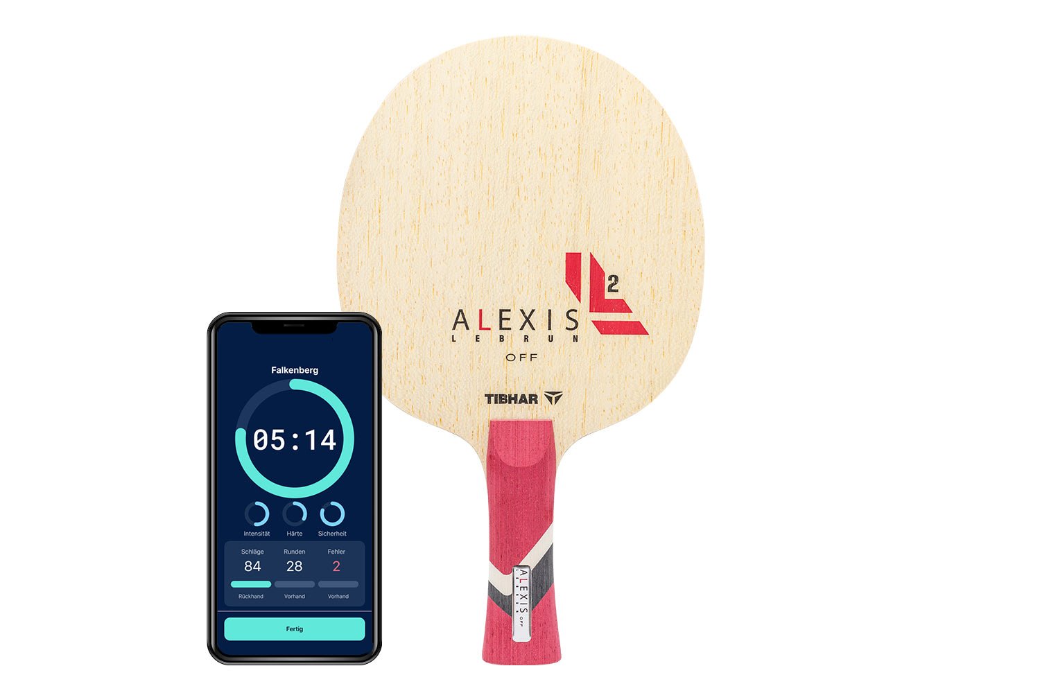 Tibhar Alexis Lebrun Off Tischtennisschläger mit konkaven Griff und Smartphone zeigt Daten des Schlägers vor weißem Hintergrund