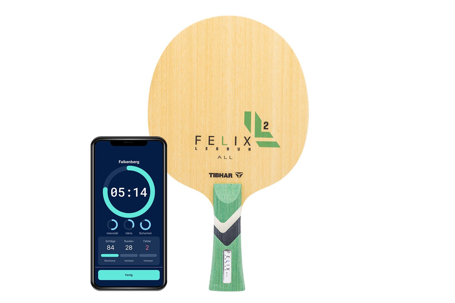 Tibhar Félix Lebrun All Tischtennisschläger mit konkaven Griff und Smartphone zeigt Daten des Schlägers vor weißem Hintergrund