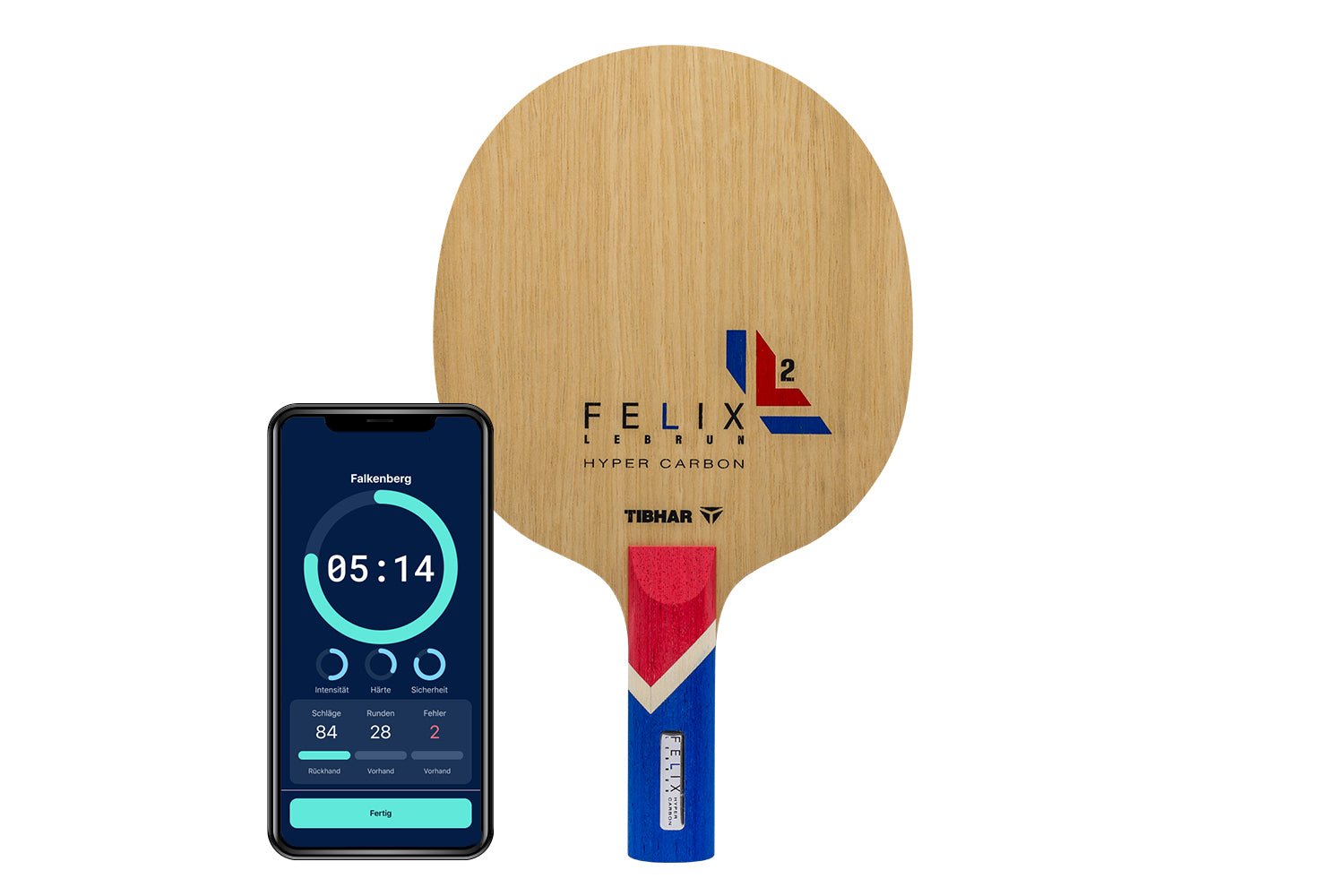 Tibhar Félix Lebrun Hyper Carbon Tischtennisschläger mit geradem Griff und Smartphone zeigt Daten des Schlägers vor weißem Hintergrund