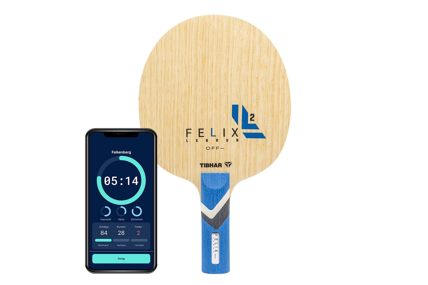 Tibhar Félix Lebrun Off- Tischtennisschläger mit geradem Griff und Smartphone zeigt Daten des Schlägers vor weißem Hintergrund