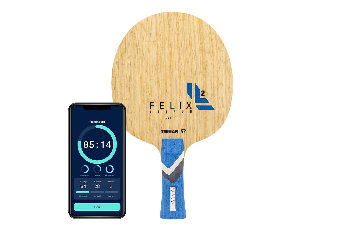 Tibhar Félix Lebrun Off- Tischtennisschläger mit konkaven Griff und Smartphone zeigt Daten des Schlägers vor weißem Hintergrund