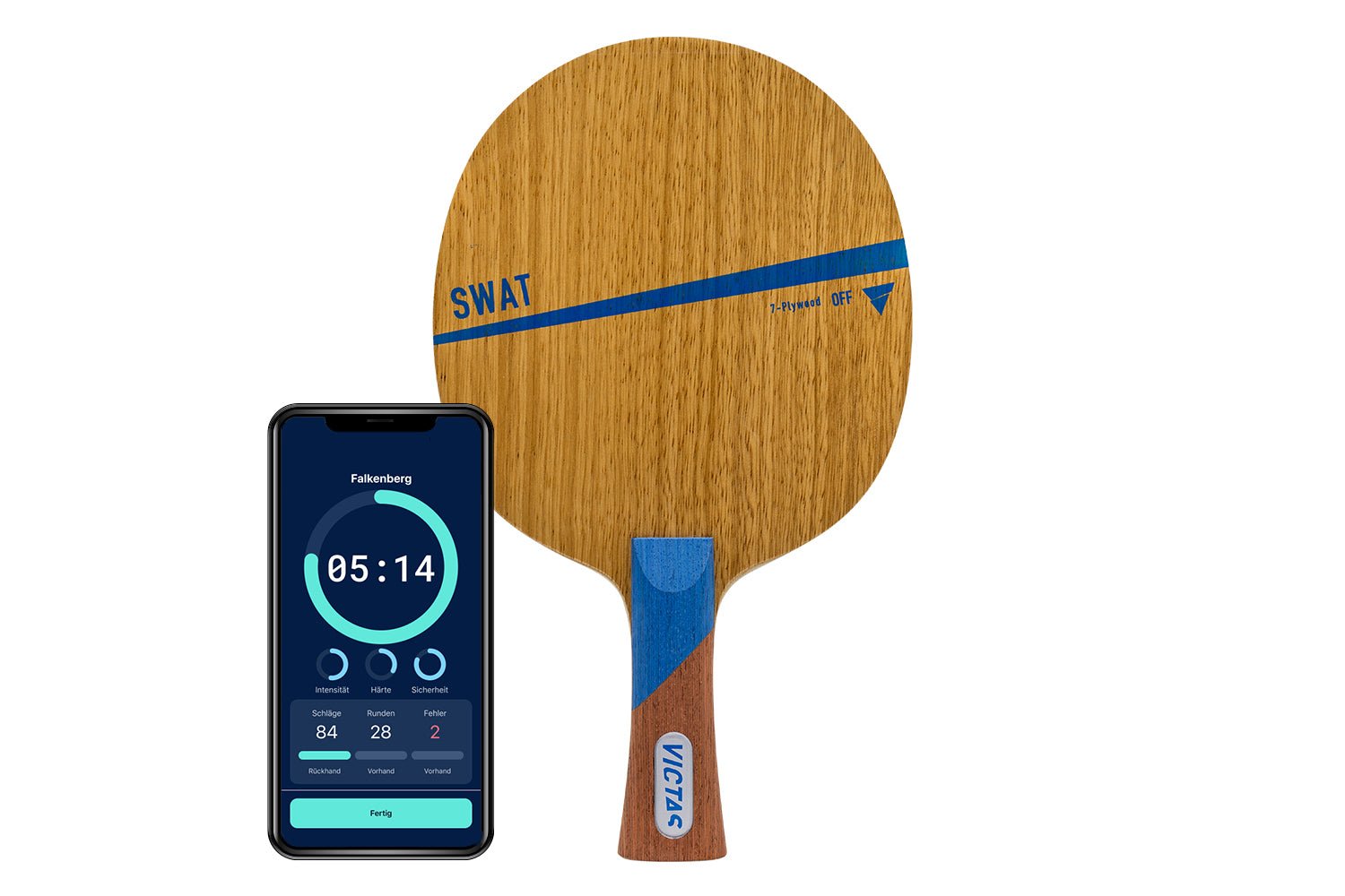 Victas Swat Tischtennisschläger mit konkaven Griff und Smartphone zeigt Daten des Schlägers vor weißem Hintergrund