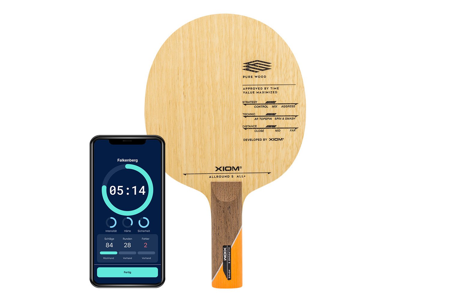 Xiom Allround S Tischtennisschläger mit geradem Griff und Smartphone zeigt Daten des Schlägers vor weißem Hintergrund